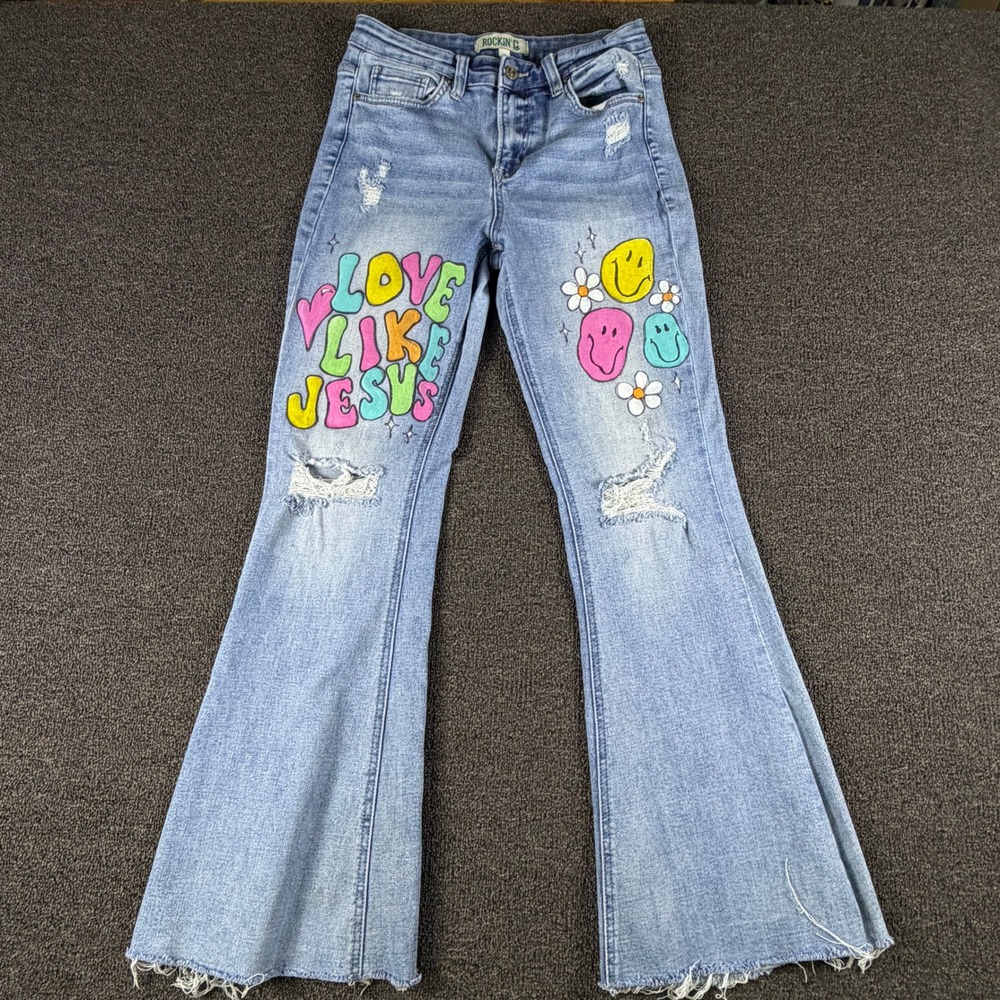 Rockin' G Jeans Womens 29 RGC-F1517LT Light Wash Love Like Jesus Flare EUC